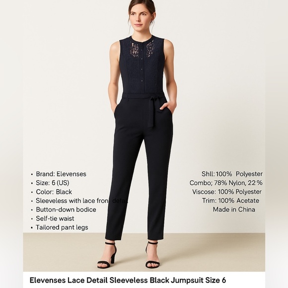 Elevenses from Anthropologie Lace Detail Sleeveless Black Jumpsuit Size 6 - Picture 10 of 10